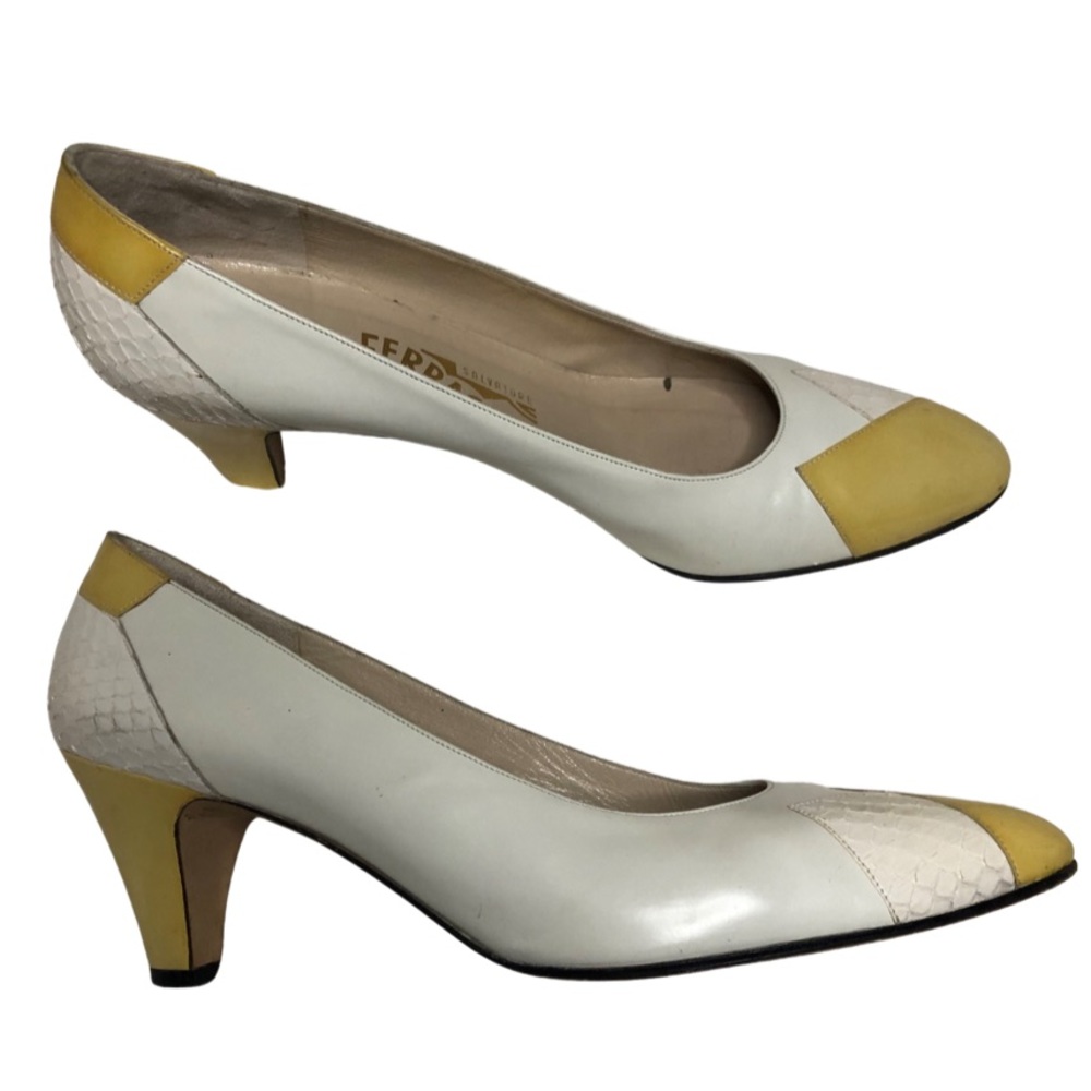 Vintage Salvatore Ferragamo Kitten Heels Cream and Yellow Leather with Snakeskin